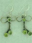 925 SILVER TIED BOW DESIGN EARRINGS FEATURING 3 FACECED PERIDOT CABS. SIZE OF CABS LARGE- 5MM DIA.