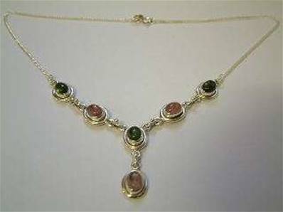 925 SILVER PENDANT STYLE NECKLACE FEATURING OVAL GREEN / PINK TOURMALINE CABS. CAB SIZE - 5 X 8MM.