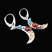 Pair Of Crescent Moon Filegree Style Pendant Earrings With Turquoise And Amber Cabochons.   SP17293ER 