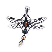 Dragonfly Pendant In 925 Silver Featuring Baltic Amber & Turquoise Cabochons.   SP17296PEND