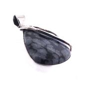 This one off pendant showcases a polished teardrop shape cabochon in snowflake obsidian.   SP9224PEND