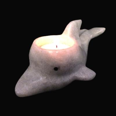 Dolphin Carving Single Hole Tea Light Holder In White/ Grey Marble.   SPR17245POL