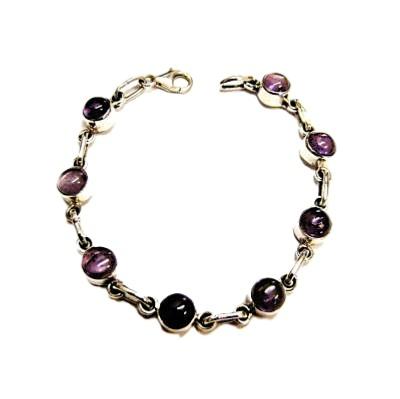 A stylish 925 Silver Bracelet featuring Amethyst dome-polished round cabochon stones and a lobster-style clasp.   SP14290BR