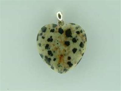 DALMATIAN STONE HEART SHAPED PENDANT COMPLETE WITH SILVER BAIL. 32MM DROP INC BAIL X 25MM WIDE. 6g.
