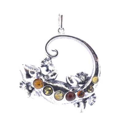 Lizard/ Gecko Pendant In 925 Silver With Baltic Amber Multi-Coloured Cabochons.   SP17295PEND   