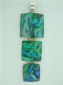 PAUA SHELL PENDANT FEATURING A THREE SQUARES IN DECREASING SIZE PATTERN. SET IN SILVER & COMES