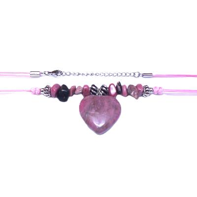 Chip & Bead Necklace Featuring Rhodonite & Silver Plated Beads And a Heart Pendant On Pink Cord.   SPR16982NEC