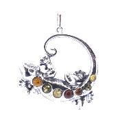 Lizard/ Gecko Pendant In 925 Silver With Baltic Amber Multi-Coloured Cabochons.   SP17295PEND   