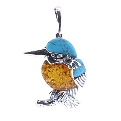Kingfisher Pendant In 925 Silver With Baltic Amer & Turquoise Detailing.   SP17299PEND.
