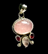 Rose Quartz with Moonstone paired with facet garnets in 925 silver  pendant 4.5cm inc bail . PENRQGAR11