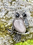 Owl pendant set with a Gemstone Body of  ROSE QUARTZ  inset with  faceted  eyes.   owl 5