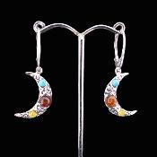Pair Of Crescent Moon Filegree Style Pendant Earrings With Turquoise And Amber Cabochons.   SP17293ER 