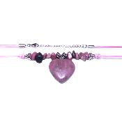 Chip & Bead Necklace Featuring Rhodonite & Silver Plated Beads And a Heart Pendant On Pink Cord.   SPR16982NEC