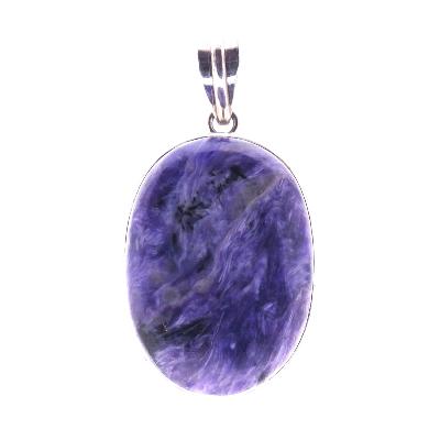 Unique designer pendant showcasing a large oval dome polished cabochon in Charoite.   SP2539PEND