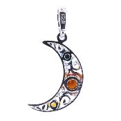 Crescent Moon Filegree Style Pendant With Turquoise And Amber Cabochons.   SP17294PEND