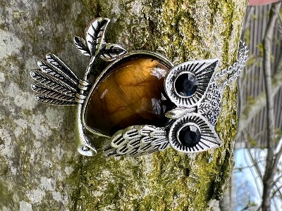 Owl pendant set with a Gemstone Body of  Tigers Eye  inset with faceted eyes.   owl 6