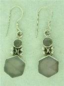 ROSE QUARTZ 925 SILVER EARRINGS WITH HEXAGONAL SHAPE CAB AND A SMALLER ROUND CAB SET IN AN ORNATE