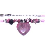 Chip & Bead Necklace Featuring Rhodonite & Silver Plated Beads And a Heart Pendant On Pink Cord.   SPR16982NEC