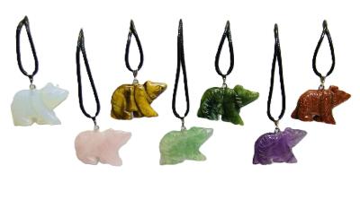7 PACK Gemstone & Waxed Cord Necklace Featuring A Carved Bear Pendant.   SPR16094WH