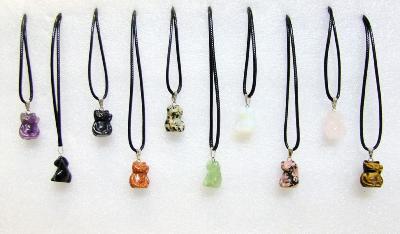 10 PACK Gemstone & Waxed Cord Necklace Featuring A Carved Waving Cat Pendants.   SPR16104WH