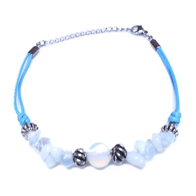 Chip & Bead Bracelet Featuring Opalite & Silver Plated Beads On A Blue Cord.   SPR16976BR