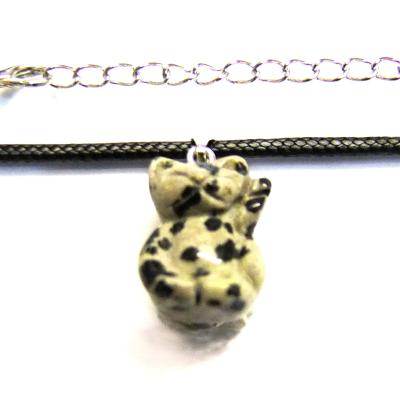 Gemstone & Waxed Cord Necklace Featuring A Carved Waving Cat Pendant In Dalmatian Jasper.   SPR16098PEND