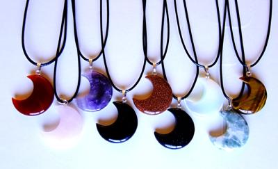 10 PACK CRESCENT MOON PENDANTS ON WAXED CORDS.   SPR13974WH