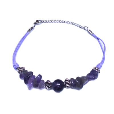 Chip & Bead Bracelet Featuring Amethyst & Silver Plated Beads On A Purple Cord.   SPR16977BR