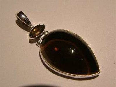 Smokey Quartz with facet green tourmaline Indian Silver pendant.    purjew07