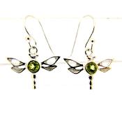 Dragonfly pendant style Earrings in 925 Silver set with round faceted gemstones stones in Peridot.    22552P