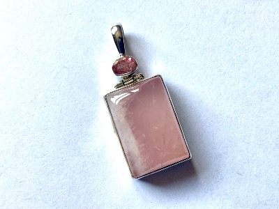 Rose Quartz with facet pink tourmaline  rectangular  Indian Silver pendant 4-4.5cm inc bail . PENRQGAR02