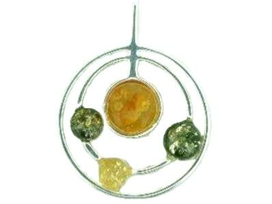 925 SILVER ROUND PENDANT FEATURING GOLDEN, GREEN, & YELLOW AMBER CABS. PENDANT DIA 24MM. LARGE CAB