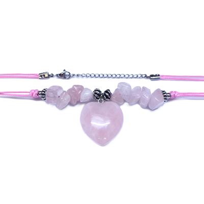 Chip & Bead Necklace Featuring Rose Quartz & Silver Plated Beads And a Heart Pendant On Pink Cord.   SPR16979NEC