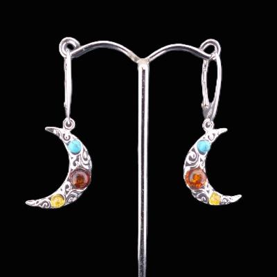 Pair Of Crescent Moon Filegree Style Pendant Earrings With Turquoise And Amber Cabochons.   SP17293ER 