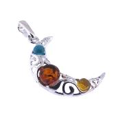 Crescent Moon Filegree Style Pendant With Turquoise And Amber Cabochons.   SP17294PEND