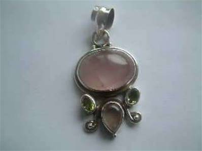 Rose Quartz peridot and Rainbow Moonstone Indian Silver pendant 3.5-4cm . 586