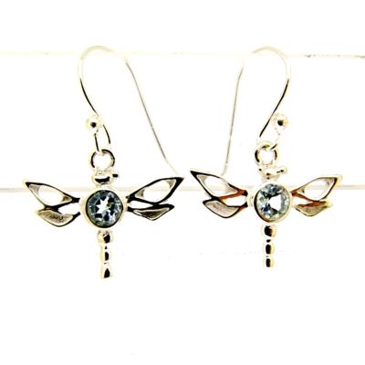 Dragonfly pendant style Earrings in 925 Silver set with round faceted gemstones stones in Blue Topaz.   22552BT
