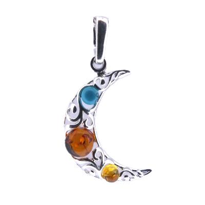 Crescent Moon Filegree Style Pendant With Turquoise And Amber Cabochons.   SP17294PEND