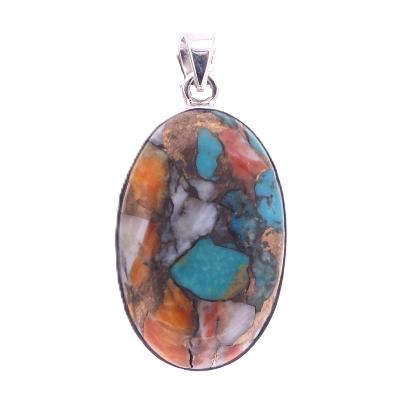 925 Silver Pendant Featuring An Oval Dome Polished Cabochon In Oyster Mohave Turquoise.   SP17895PEND
