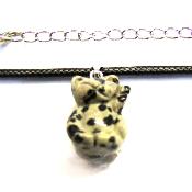 Gemstone & Waxed Cord Necklace Featuring A Carved Waving Cat Pendant In Dalmatian Jasper.   SPR16098PEND