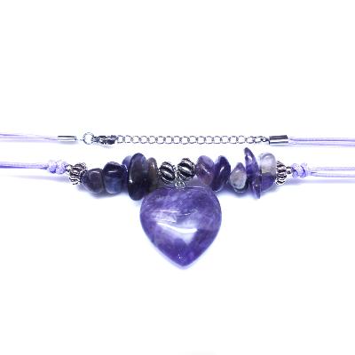 Chip & Bead Necklace Featuring Amethyst & Silver Plated Beads And a Heart Pendant On Purple Cord.   SPR16977NEC