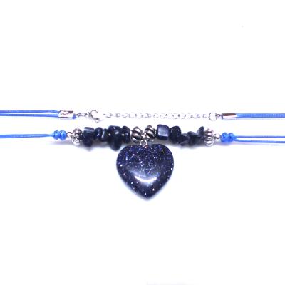 Chip & Bead Necklace Featuring Blue Goldstone & Silver Plated Beads And a Heart Pendant On Blue Cord.   SPR16981NEC