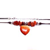 Chip & Bead Necklace Featuring Copper Goldstone & Silver Plated Beads And a Heart Pendant On Black Cord.   SPR16980NEC