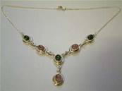 925 SILVER PENDANT STYLE NECKLACE FEATURING OVAL GREEN / PINK TOURMALINE CABS. CAB SIZE - 5 X 8MM.