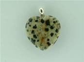 DALMATION STONE HEART SHAPED PENDANT COMPLETE WITH SILVER BAIL. 32MM DROP INC BAIL X 25MM WIDE. 6g.