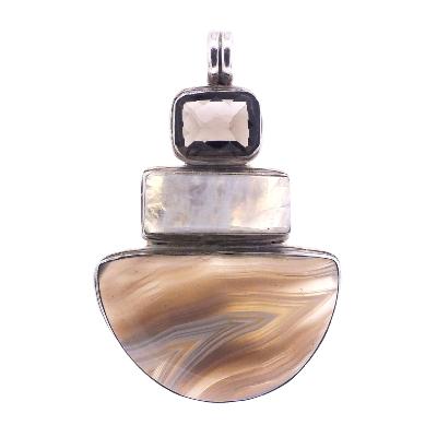 A 925 silver designer pendant featuring a faceted Smoky Quartz square cabochon, a Moonstone square cabochon, and a half-round Agate cabochon.   SP773PEND