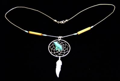 NATIVE AMERICAN SILVER WITH TURQUOISE DREAMCATCHER NECKLACE. 077N