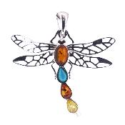 Dragonfly Pendant In 925 Silver Featuring Baltic Amber & Turquoise Cabochons.   SP17296PEND
