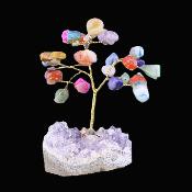 Gem Tree With Amethyst Druze Base, Twisted Wire Trunk & Branches With Multi Coloured Agate Leaves.   SP17501POL