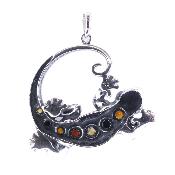 Lizard/ Gecko Pendant In 925 Silver With Baltic Amber Multi-Coloured Cabochons.   SP17295PEND   